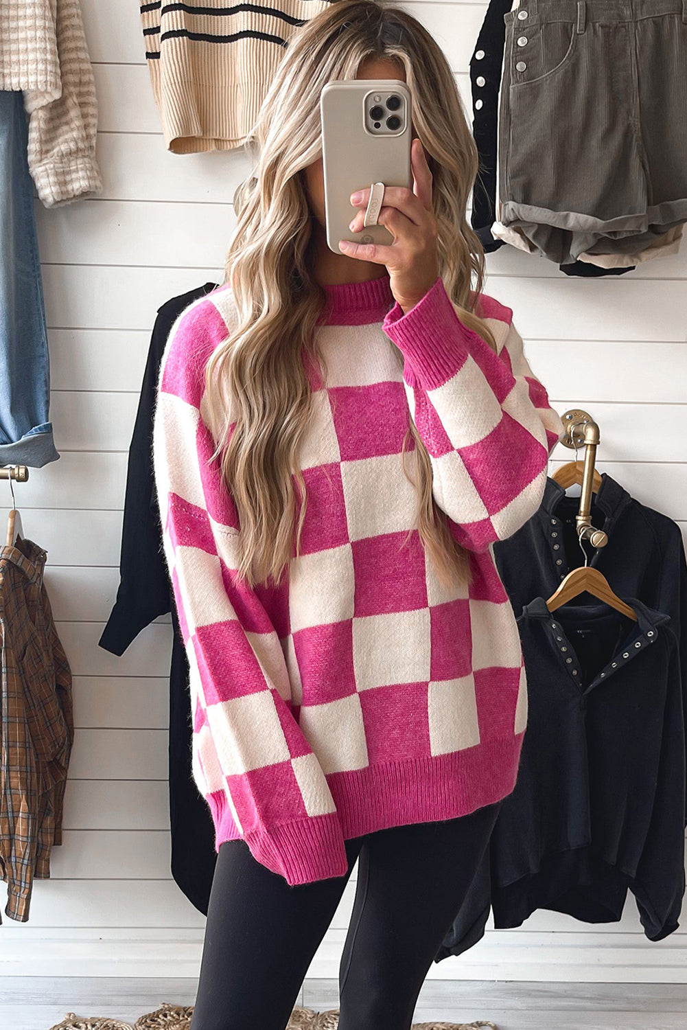 Bright Pink Ribbed Trim Checkered Pattern Knit Baggy Sweater