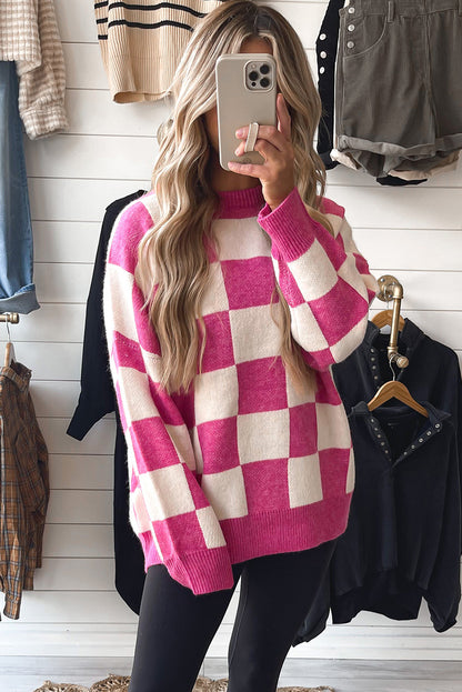 Bright Pink Ribbed Trim Checkered Pattern Knit Baggy Sweater