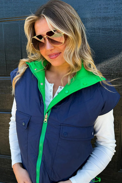 Green Color Block Liner Patchwork Snap Button Zip Up Winter Vest