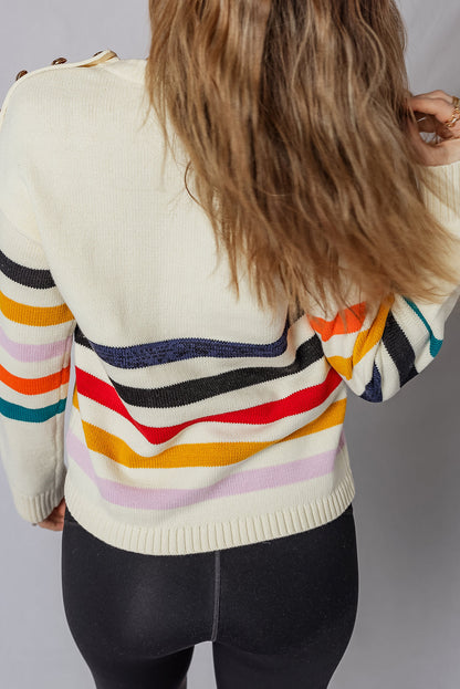 White Button Shoulder Detail Striped Print Drop Shoulder Sweater