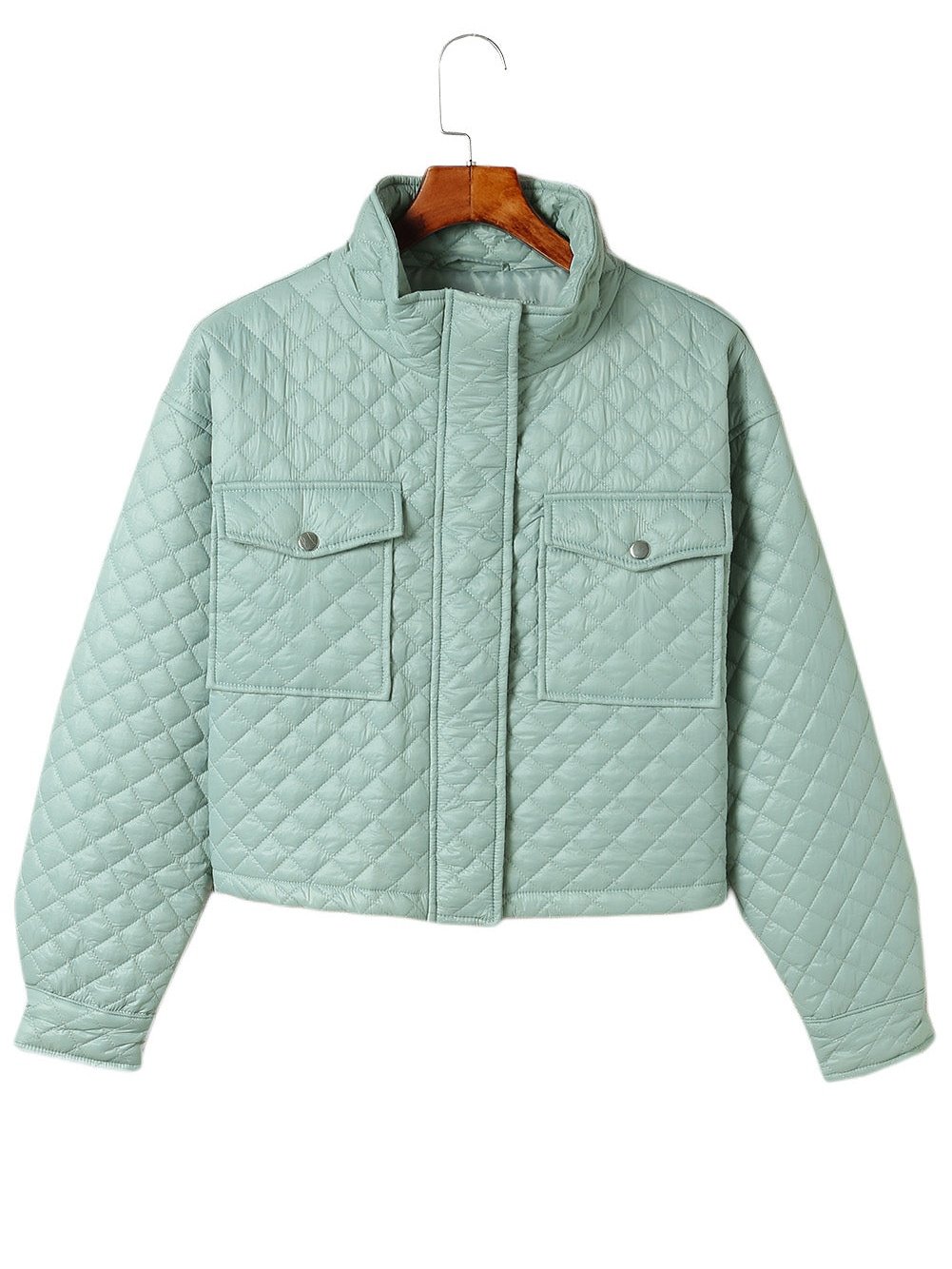 Green Quilted Zip-up Cropped Jacket with Chic Pockets