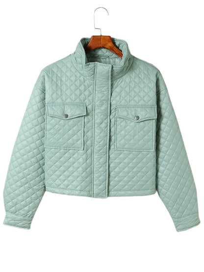 Green Quilted Zip-up Cropped Jacket with Chic Pockets