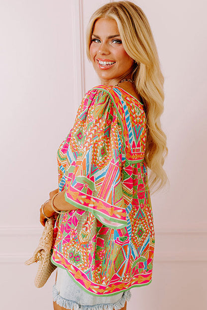Green Bohemian Geometric Print Wide Sleeve Plus Size Blouse