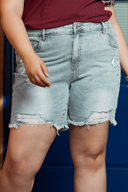 Light Blue Plus Size Distressed Rolled Hem Denim Shorts