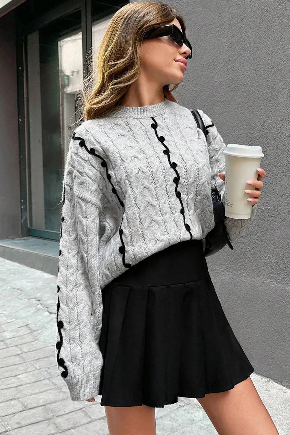 Light Grey Cable Knit Contrast Corded Detail Drop Shoulder Sweater