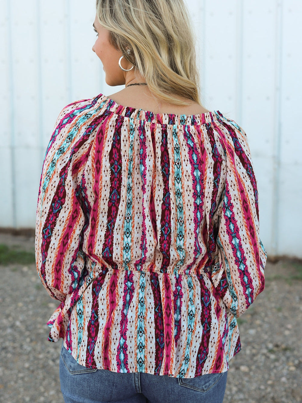Aztec Print Peplum Blouse with Split Neck