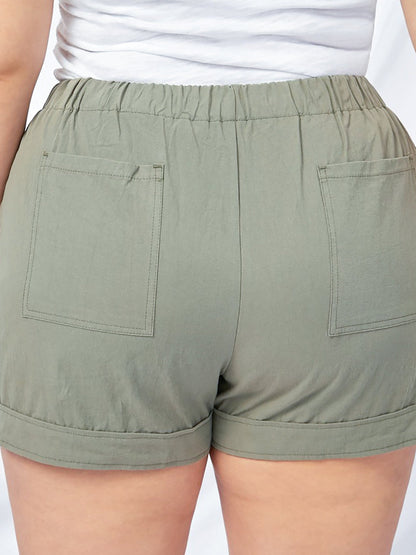 Green Cotton High Waist Loose Fit Shorts with Drawstring Waistband