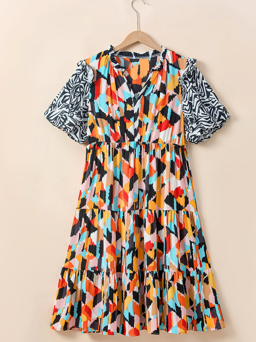 Pink Geometric Print Tiered Shift Dress for Plus Size Fashionistas