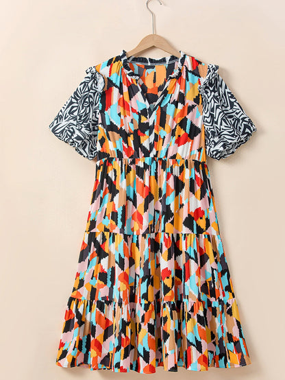 Pink Geometric Print Tiered Shift Dress for Plus Size Fashionistas