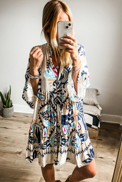 Floral Print Fringed V-neck Mini Dress