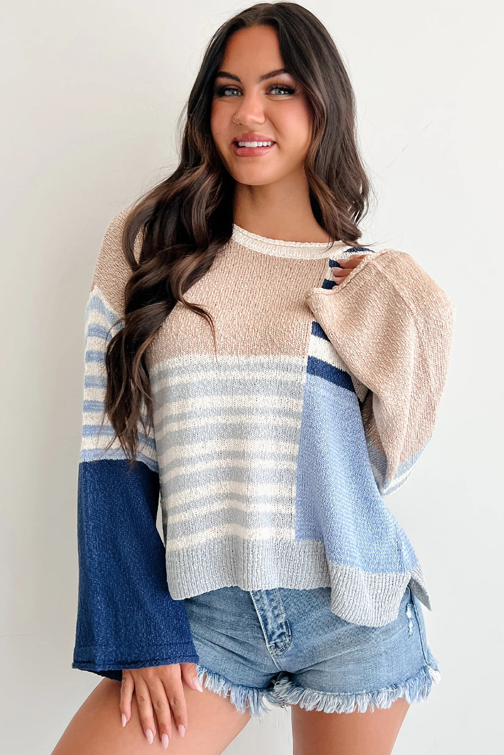 Sky Blue Stripe Color Block Knit Drop Shoulder Casual Sweater