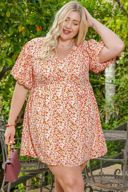 Floral Print Puff Sleeves Plus Size Mini Dress in Multicolor Bouquet