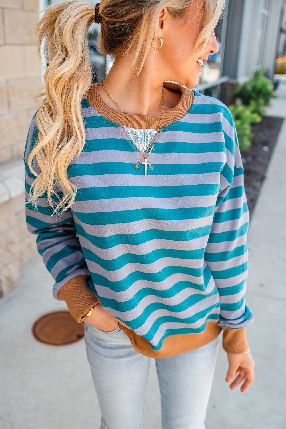 Sky Blue Stripe Contrast Color Ribbed Trim Round Neck Drop Shoulder Sweatshirt