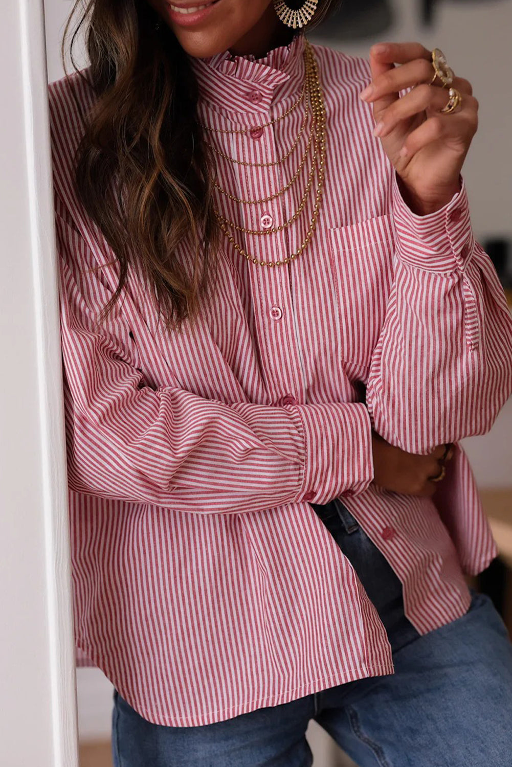 Pink Stripe Frilled Collar Button Down Single Chest Pocket Loose Shirt