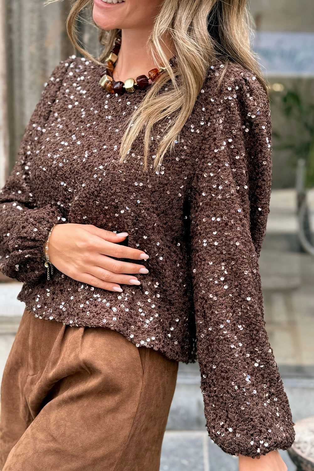Chicory Coffee Sequin Textured Puff Sleeve Top