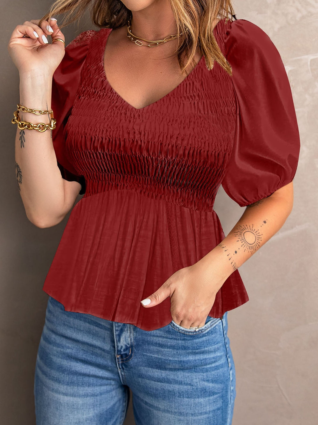Fiery Crimson Smocked Peplum Blouse