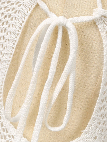 Beachy White Tassel Detail Crisscross Back Dress with Hollow Out Features