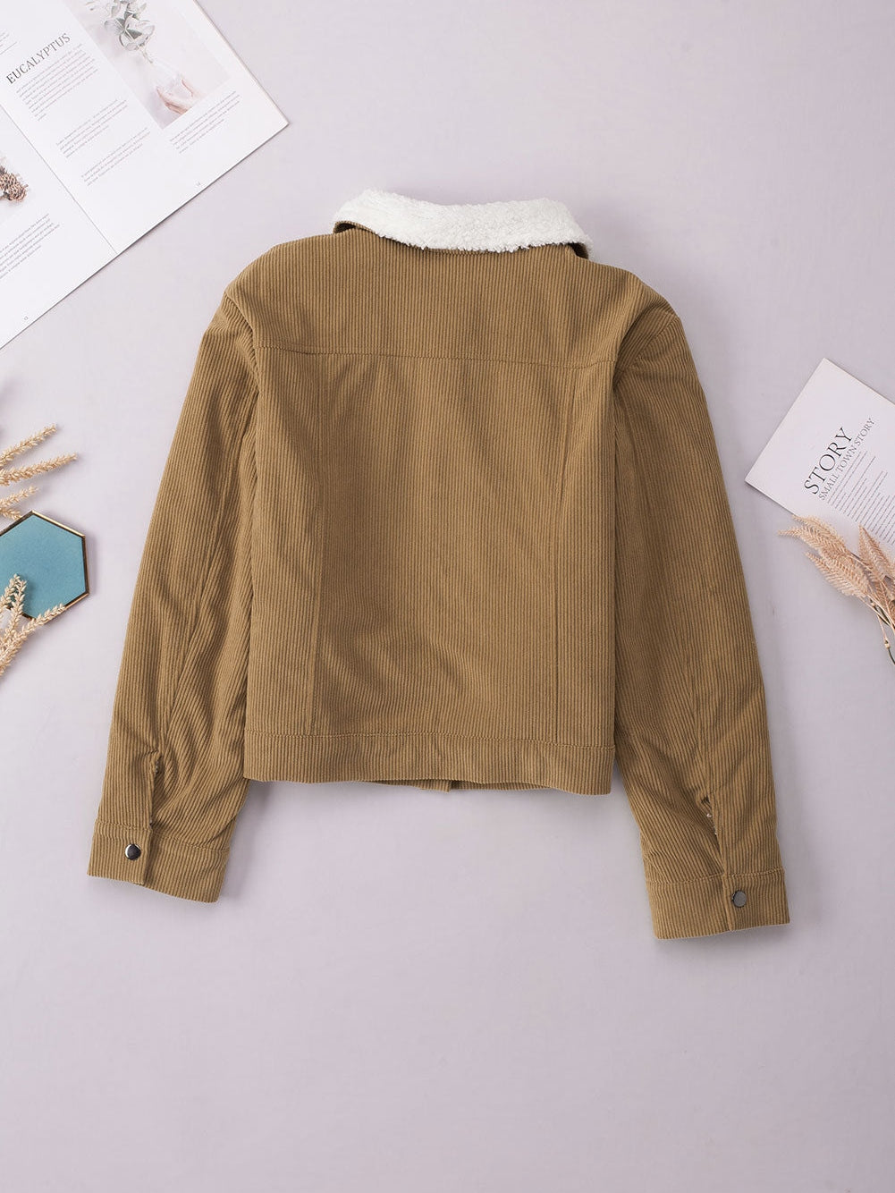 Khaki Corduroy Snap Button Sherpa Lined Jacket