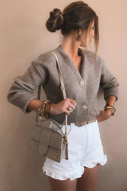 Simply Taupe Sun Goddess Metal Button V Neck Loose Sweater Cardigan