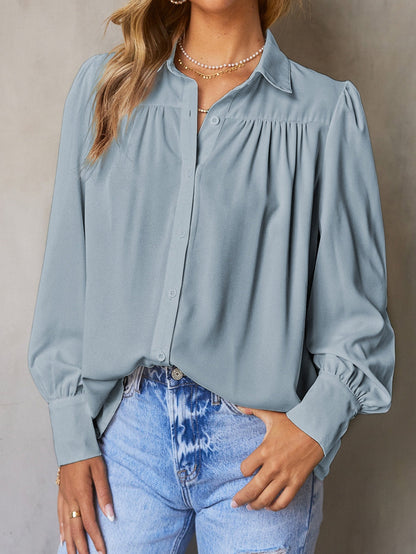 Elegant Sky Blue Puff Sleeve Polyester Blouse