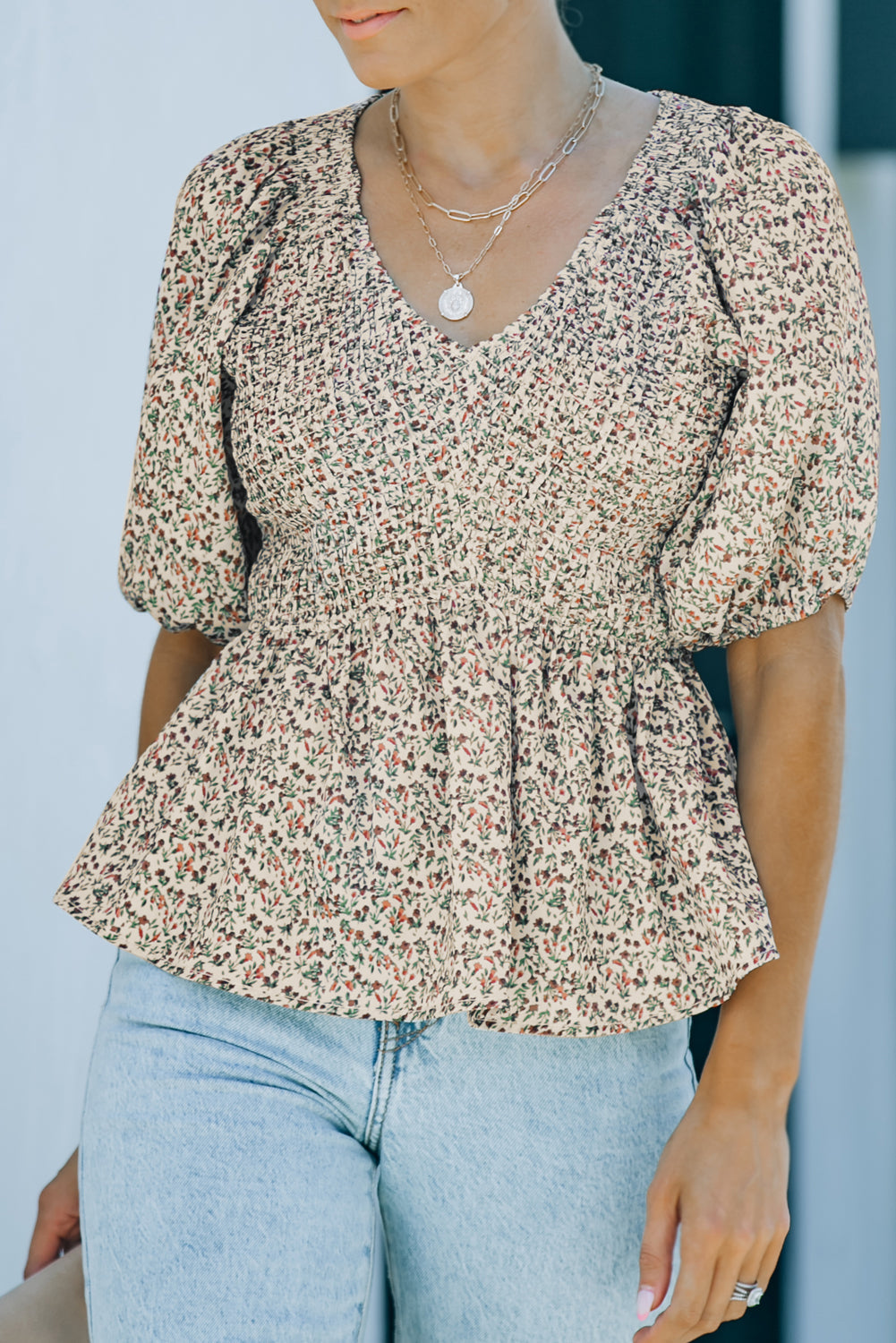 Floral Puff Sleeve Peplum Blouse