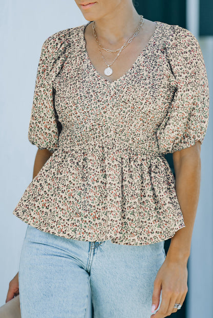 Floral Puff Sleeve Peplum Blouse