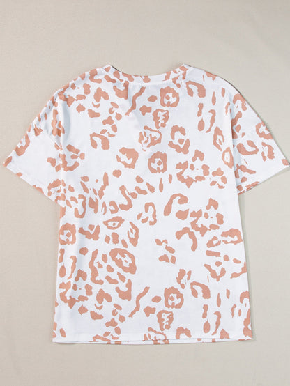 White Leopard Print V Neck Short Sleeve Plus Size Top