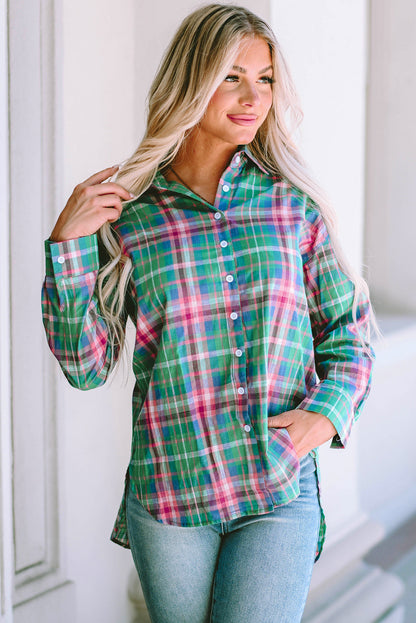 Green Plaid Split Detail Button Down Shirt