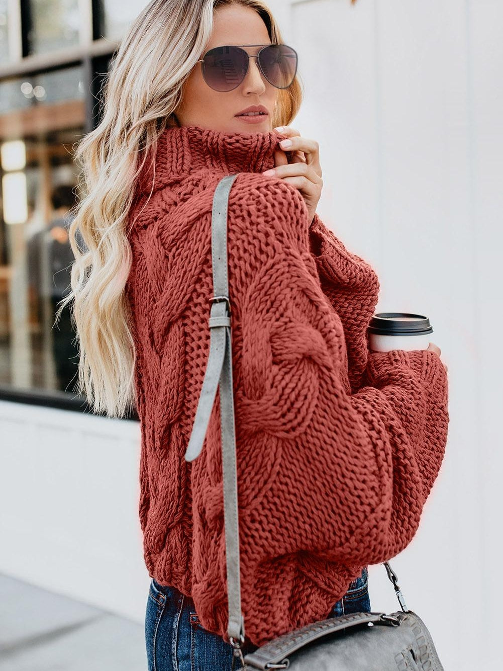 Fiery Red Handmade Cable Knit Turtleneck Sweater for Cozy Winter Days