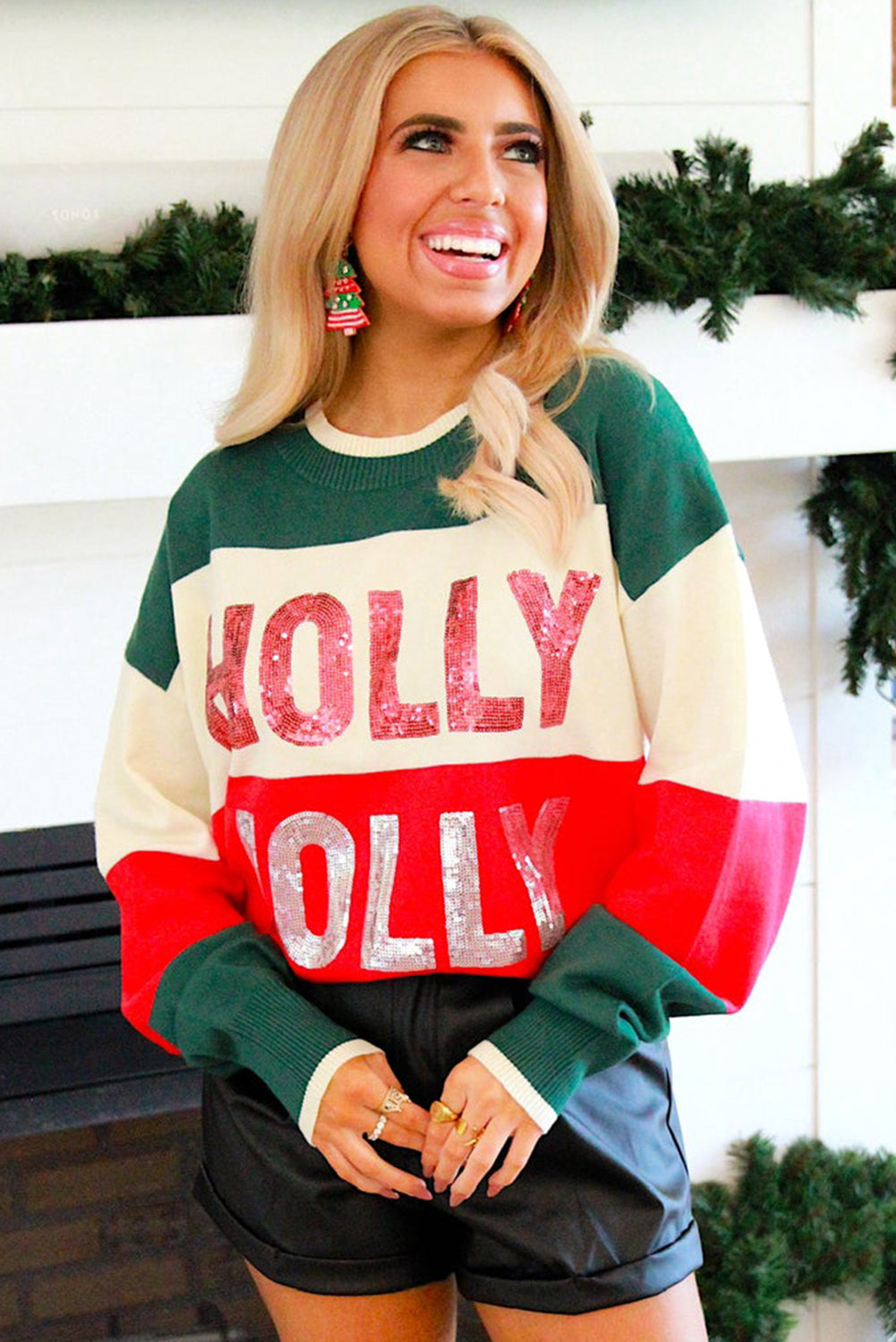 Green Sequined HOLLY JOLLY Color Block Crew Neck Sweater