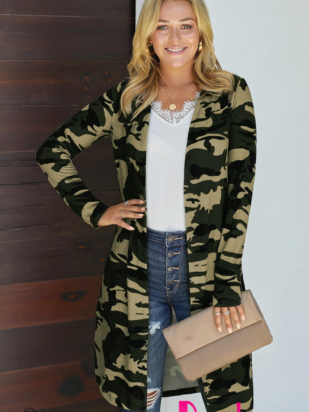 Green Camo Print V-Neck Cardigan