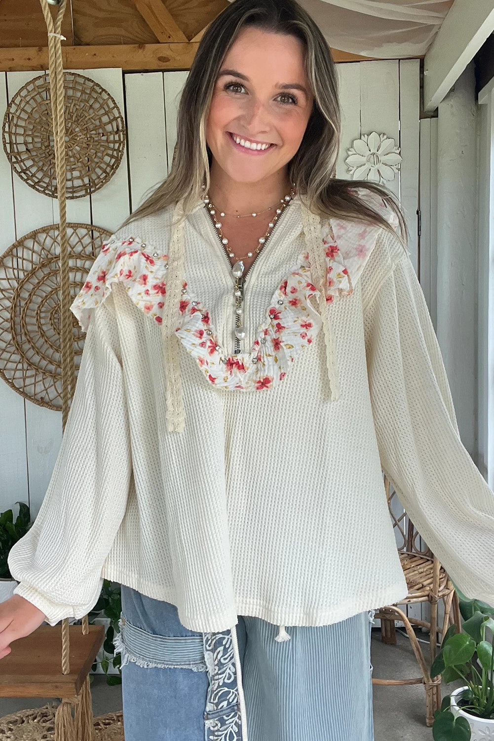 White Half Zip Waffle Knit Rhinestone Studded Floral Ruffle Trim Loose Hoodie