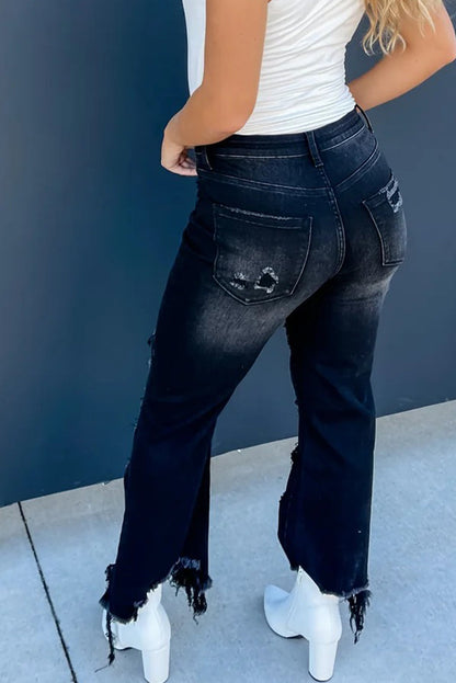 Black Asymmetric Distressed Raw Hem Cowgirl Jeans