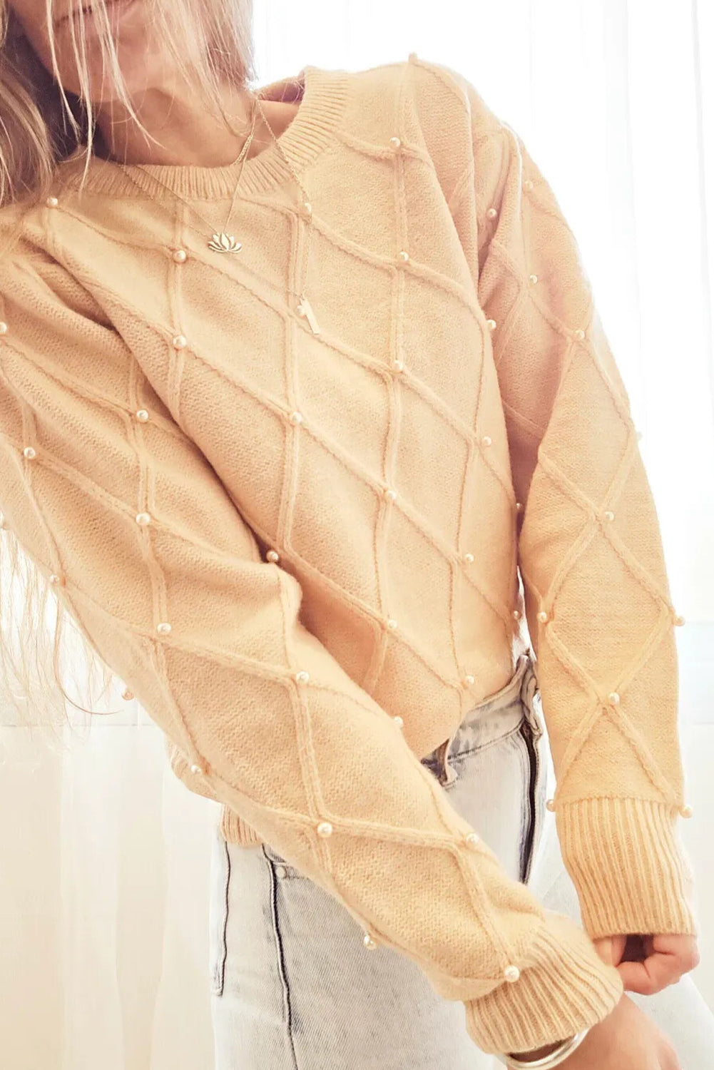 Banana Cream Pearl Embellished Rhombus Knit Casual Sweater