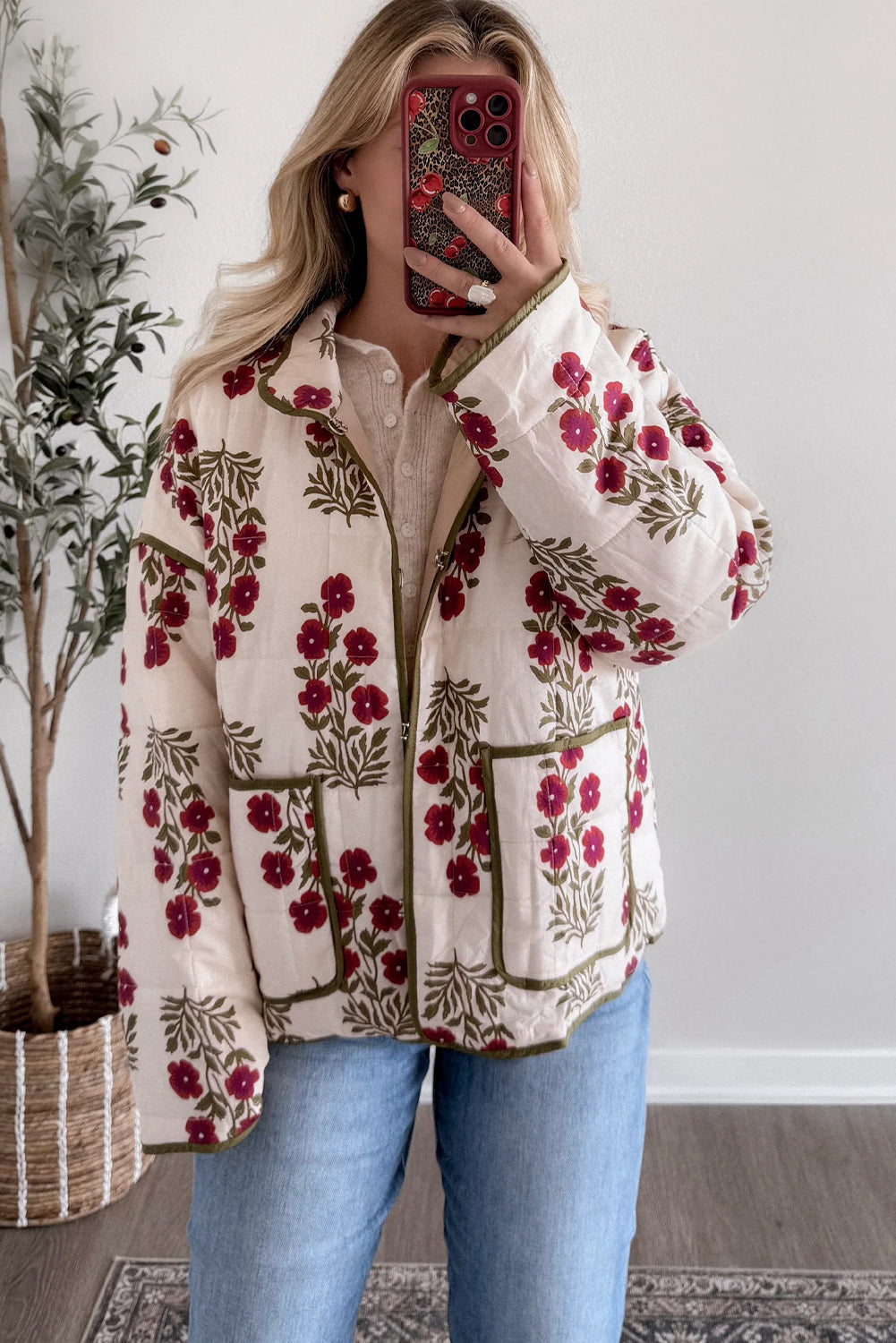 Red Floral Print Contrast Trim Quilted Winter Jacket