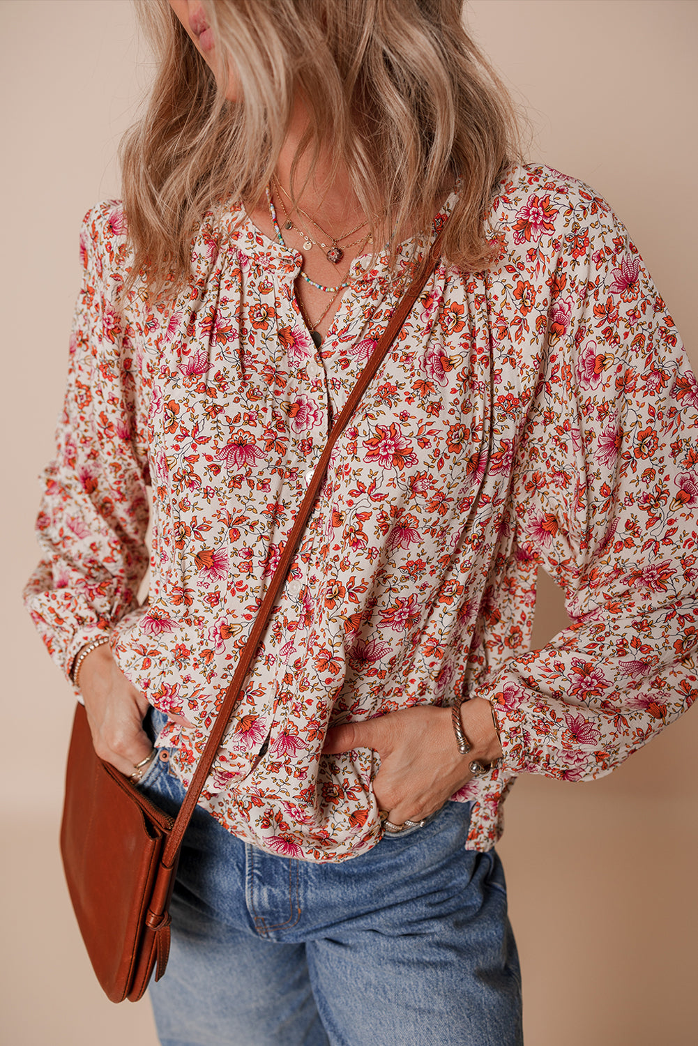 red floral blouse
