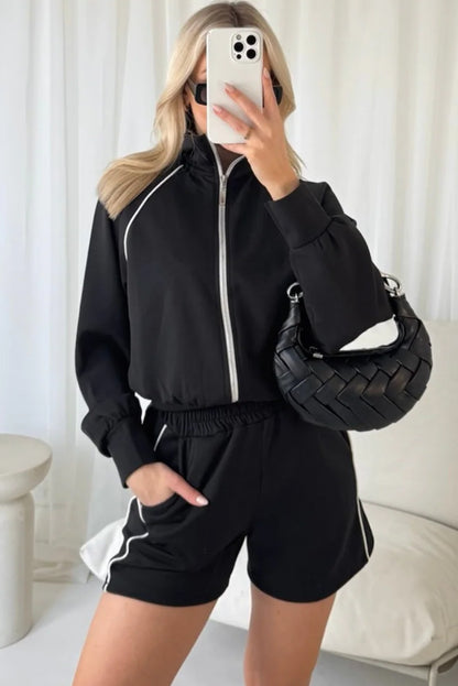 Black Contrast Piping Trim Zip Up Stand Neck Jacket Active Shorts 2pcs Outfit