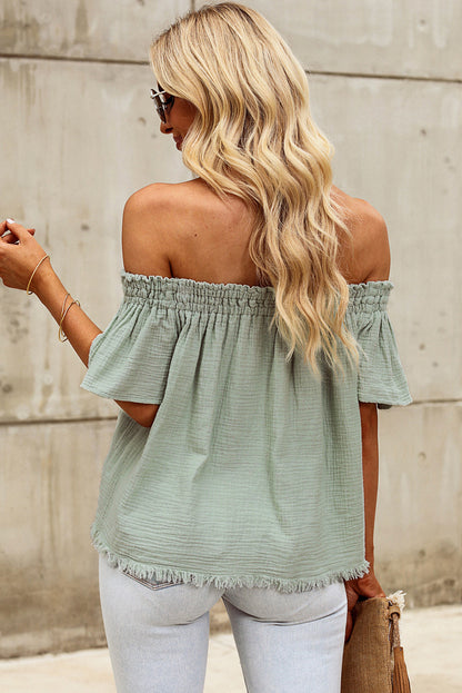Green Textured Ruffle Off-Shoulder Blouse for Casual Chic