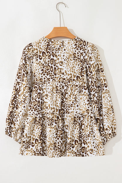 Khaki Leopard Print Long Sleeve Bead Tie V Neck Blouse