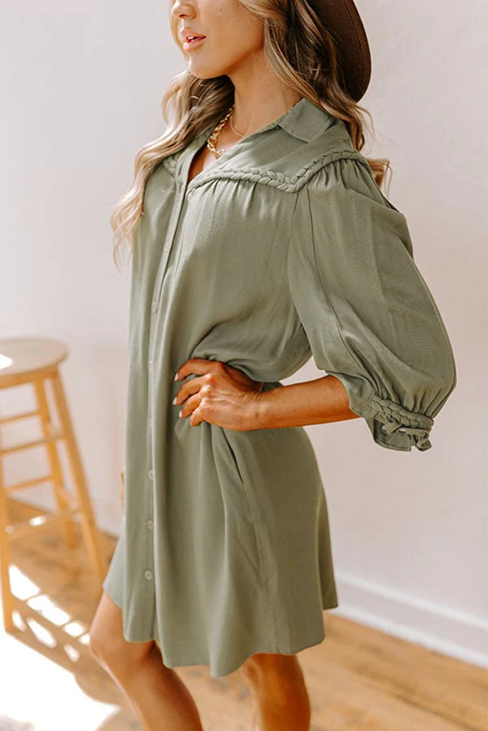 Four Leaf Clover Solid Color 3/4 Sleeve Braided Detail Button Down Mini Shirt Dress