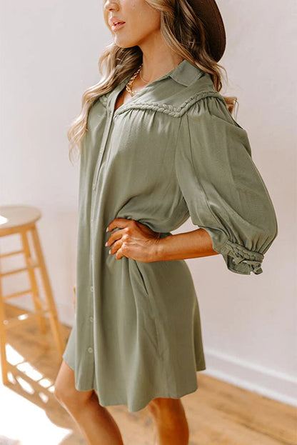 Four Leaf Clover Solid Color 3/4 Sleeve Braided Detail Button Down Mini Shirt Dress