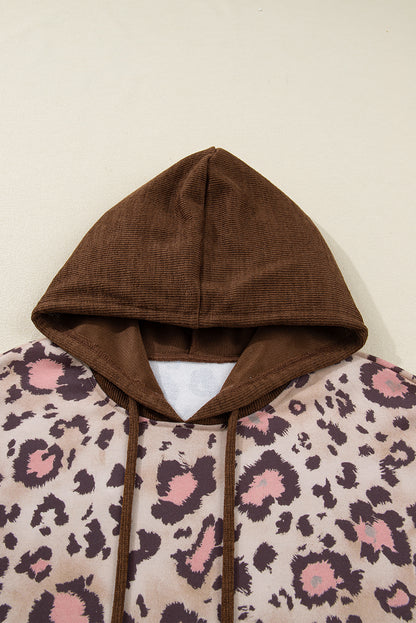 Brown Leopard Print Knit Patchwork Plus Hoodie