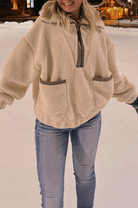 Beige Collar Half Zip Pocketed Fleece Sweatshirt