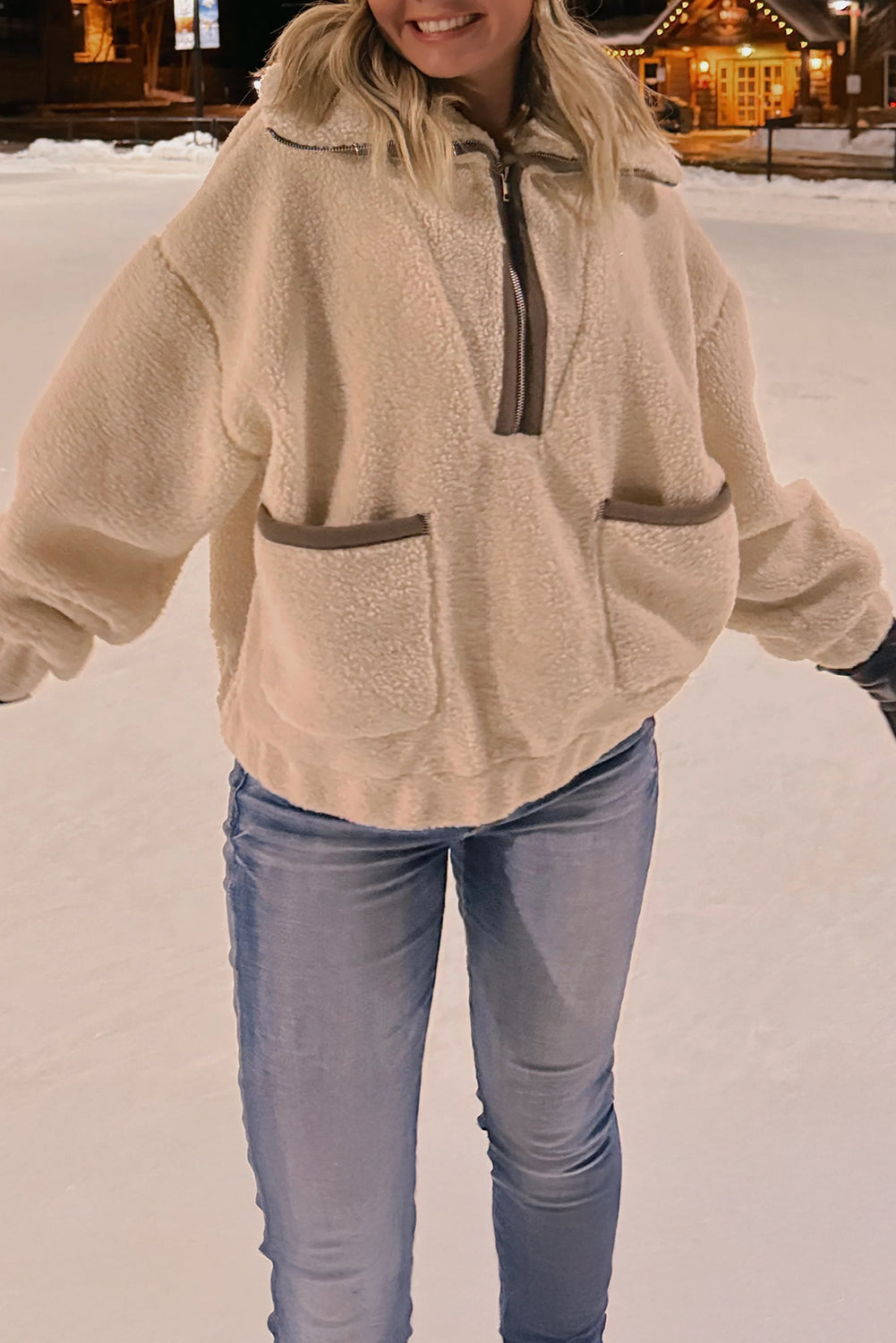 Beige Collar Half Zip Pocketed Fleece Sweatshirt