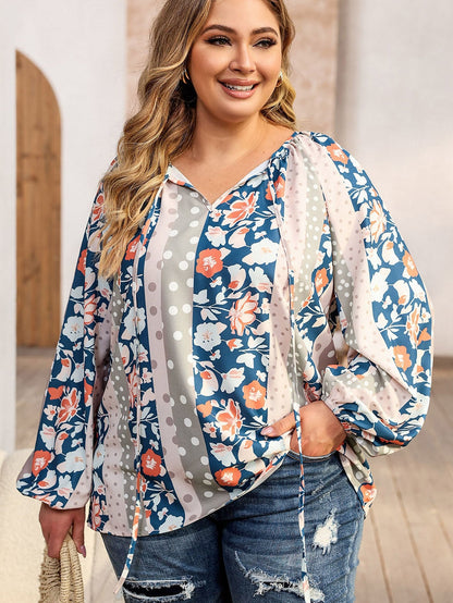 Multicolor Plus Size Mixed Print Split Neck Blouse