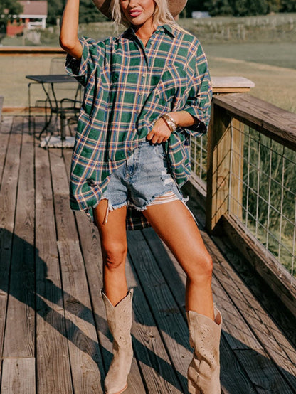 Green Plaid Oversized Tunic Shirt with Half Sleeves