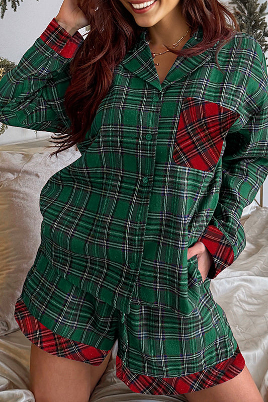 Green Plaid Contrast Patched Christmas Holiday Long Sleeve Shirt and Short 2pcs Pajama Set