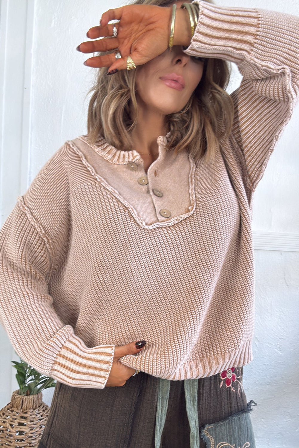 Parchment Solid Color Mix Texture Patchwork Button Neck Drop Shoulder Sweater