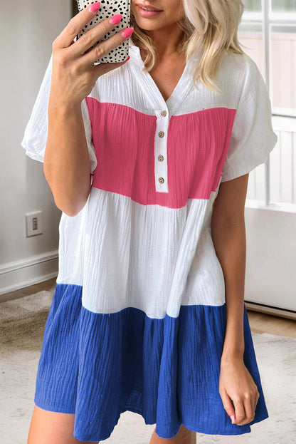 White Crinckle Colorblock Puff Sleeve Buttons Babydoll Dress