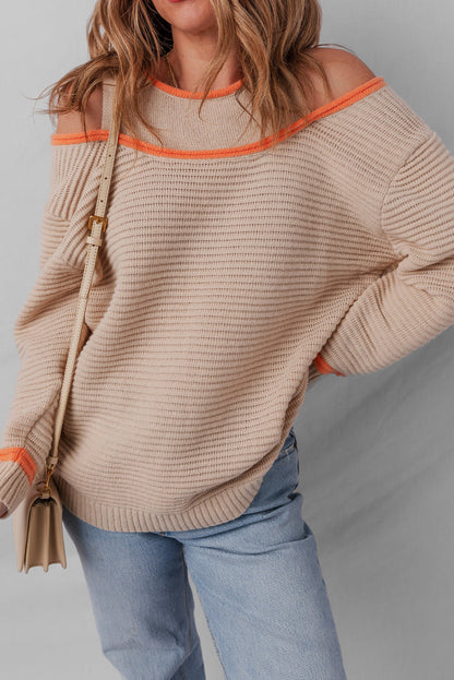 Parchment Contrast Trim Cold Shoulder Patchwork Knit Loose Sweater